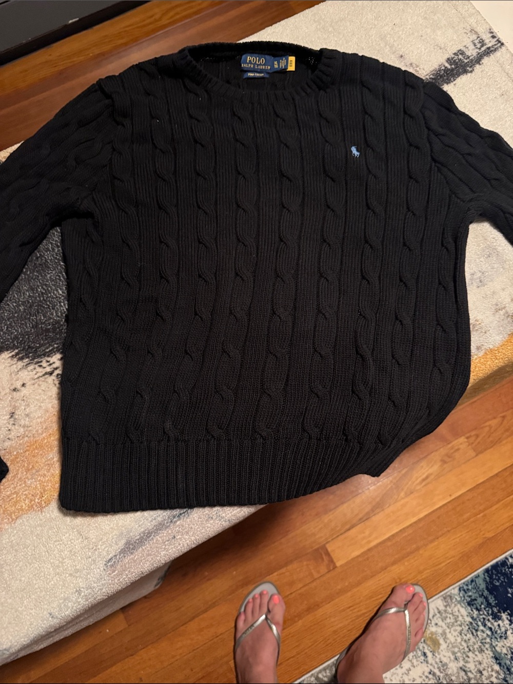 Polo by Ralph Lauren Black Cable-Knit Crewneck Sweater with Light-Blue Pony